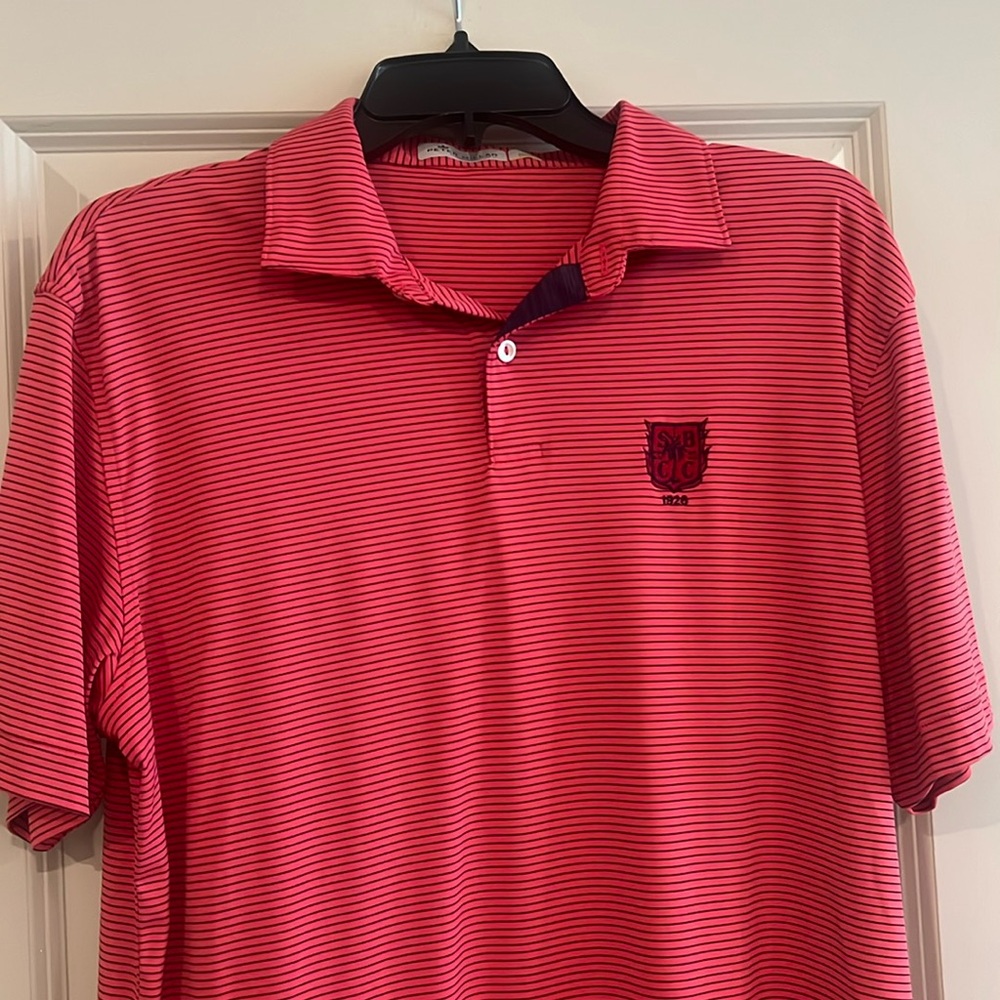 Peter Millar Featherweight Golf Polo Side Medium red with blue stripes